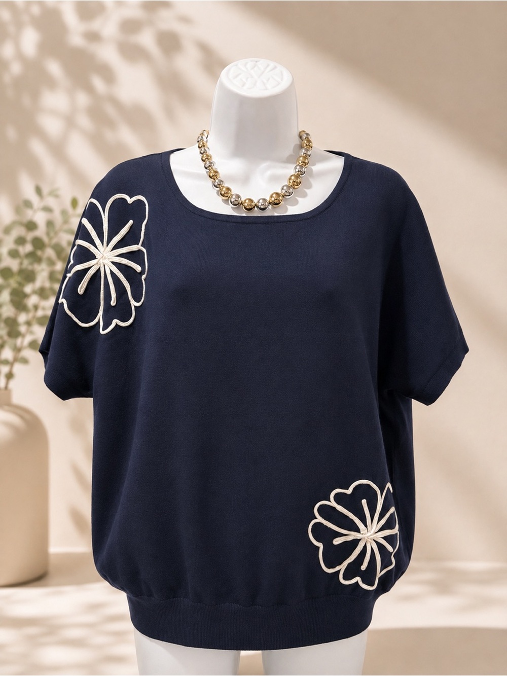 Love Scarlett - Navy Floral Embroidered Short-Sleeve Knit Top